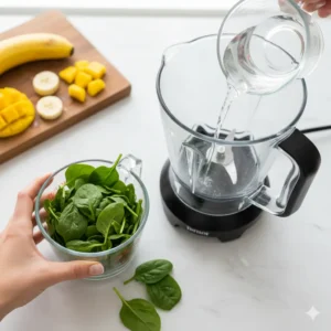 Tightly pack 1 cup of spinach into your measuring cup. Add the spinach to the blender along with 1 cup of