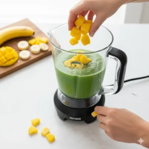 Step 3: Toss in the Fruit Add the pineapple, mango, and banana to the blender. Using frozen fruit will chill the smoothie instantly and creates a thick consistency, saving you time on cutting and prepping.