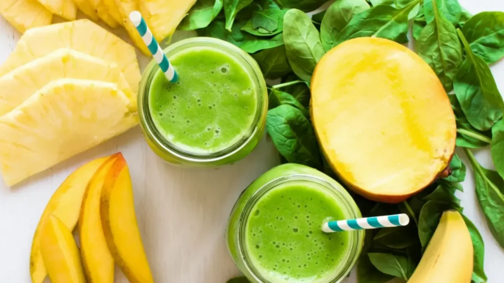 quick and delicious green smoothie. It perfectly blends sweet mango, creamy banana, and vibrant spinach for a 5-minute blast of energy and essential nutrients