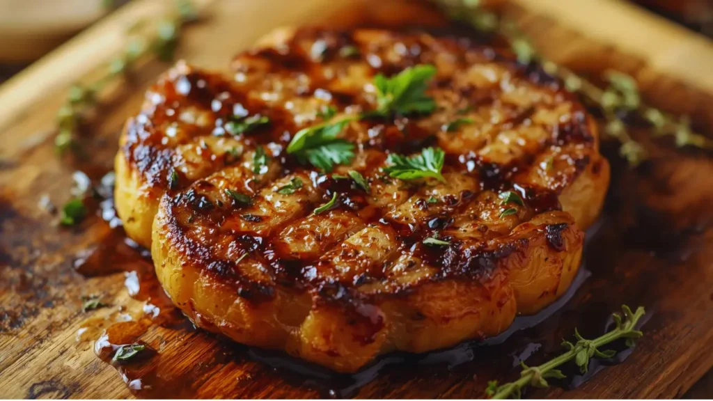 Deliciously grilled celeriac steak served with herbs and spices.