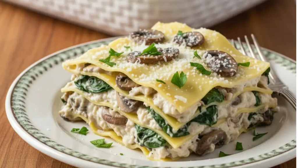 Slice of vegan white lasagna with layers of creamy plant-based ingredients