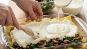 Assemble the lasagna: arrange 4 (or 3) sheets of pasta in the bottom of the dish. Spread half of the ricotta on top, followed by half of the mushroom mixture. Spread 1 ¼ cups of the white sauce on top.