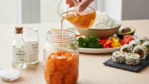 Pickle sliced carrot in a mixture of vinegar, sugar, and salt.