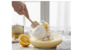 Add whipped aquafaba, vanilla extract, orange juice, and orange zest, mixing until just combined.