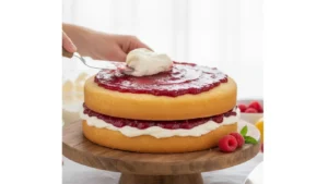 Place one cake layer on a platter, spread a thin layer of Raspberry Jam, and add 1/4 of the Tangy Buttercream Frosting.