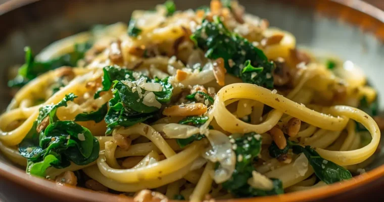 Vegan Creamy Spinach Garlic Pasta with Cashews and Parsley