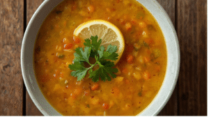 Delicious bowl of lemon lentil soup with fresh herbs and a slice of lemon