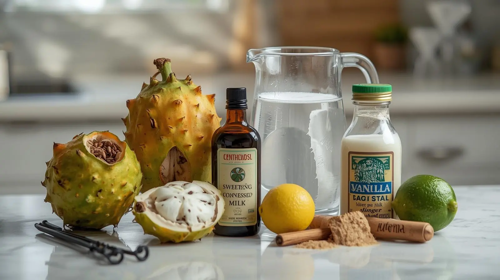 Freshly made soursop juice in a glass with a tropical backdrop.