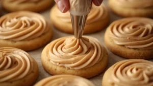 Spoon icing into a piping bag fitted with the Wilton Piping Tip #2A. Pipe cinnamon frosting on top of cooled cookies in a swirl, starting from the middle and moving outwards.