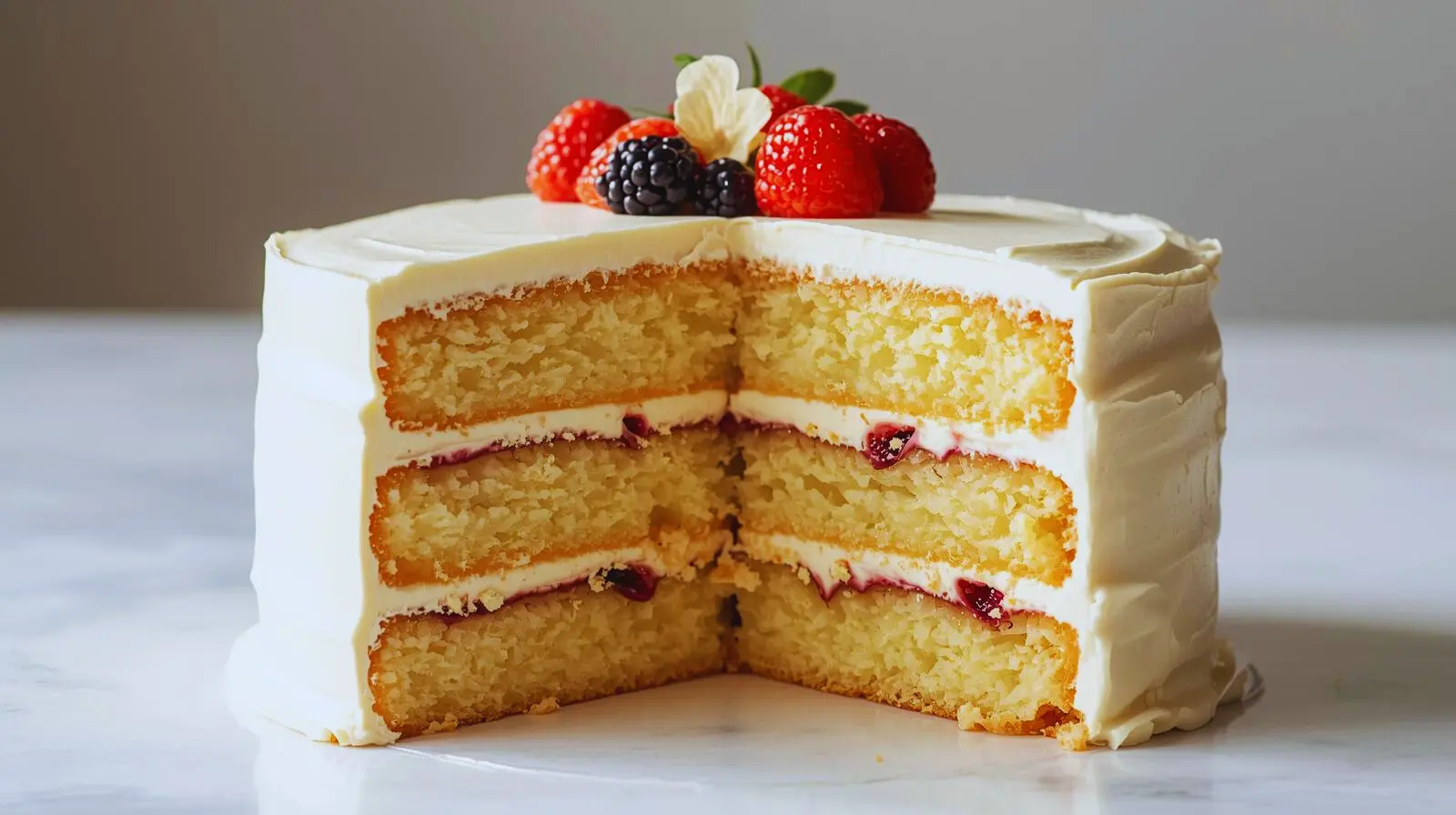 A whole two-layer vegan vanilla cake frosted with smooth white buttercream, sitting on a ceramic cake stand.