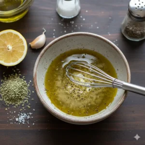 Dressing . In a small bowl, whisk together the olive oil, lemon juice, minced garlic, and dried oregano. Season with salt and pepper to taste. Set aside.