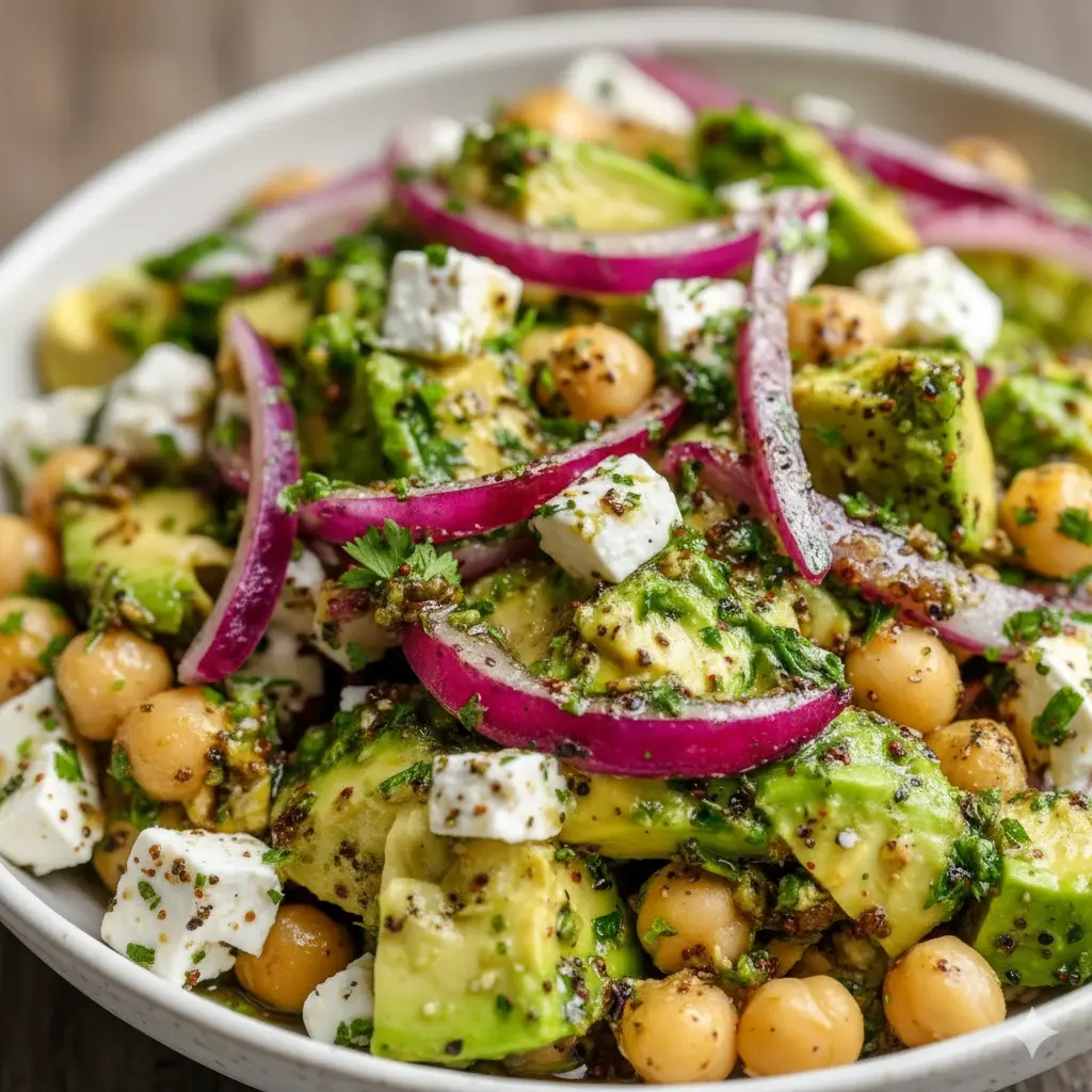 This is a refreshing, quick, and easy salad, perfect for a light lunch or a side dish. The creamy avocado, salty feta, and bright lemon dressing make it a favorite.