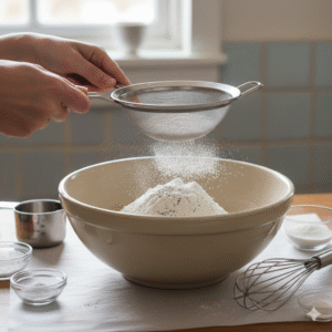 ingredients: Sift the flour, baking powder, baking soda, and salt into a bowl and whisk to combine. Set aside.