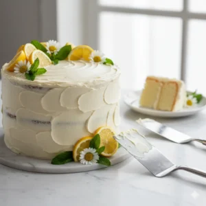 Final assembly: Add the next layer of cake. Use the remaining frosting to coat around the top and down the sides of the cake. Carefully smooth everything out with a cake scraper. Garnish with fresh mint leaves, daisies, and lemon segments!