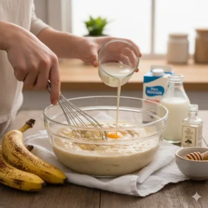 Mix wet ingredients: Mix together mashed bananas, milk, egg, honey, and vanilla in a bowl.