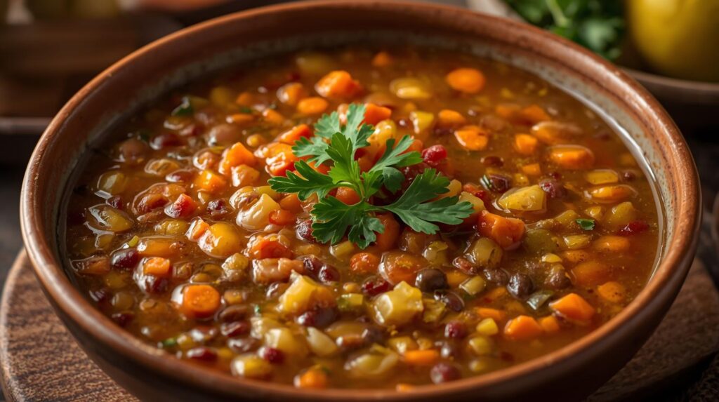 Delicious bowl of lemon lentil soup with fresh herbs and a slice of lemon