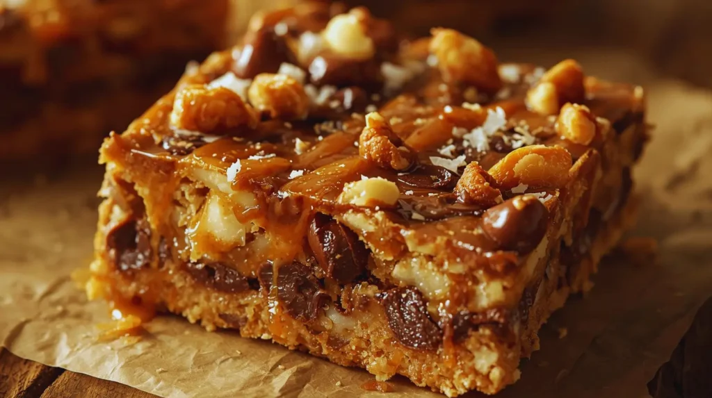 Delicious homemade seven layer bars with chocolate, coconut, and nuts.