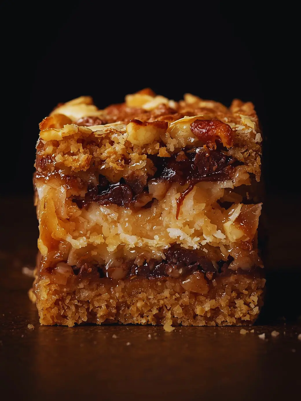 Delicious homemade seven layer bars with chocolate, coconut, and nuts.