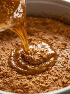 In a small bowl, combine the crushed graham crackers and melted vegan butter, then pour this mixture into the prepared baking pan and press firmly into the bottom.
