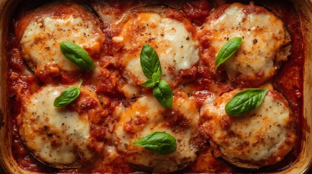 Delicious Eggplant Parmesan with layers of eggplant, marinara sauce, and cheese