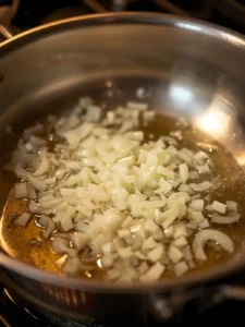 Meanwhile, prepare the tomato sauce by finely chopping the onion and sautéing it in a pan with olive oil until soft.