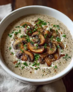 A close-up, overhead shot of thick, creamy homemade mushroom soup in a glass jar, surrounded by fresh whole mushrooms and a wooden spoon.