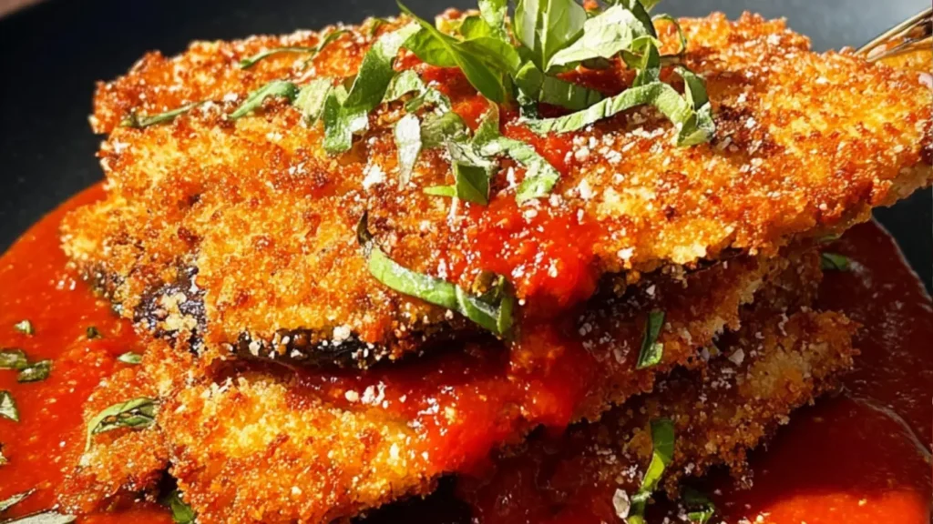 Crispy eggplant schnitzel topped with fresh tomato sauce on a plate