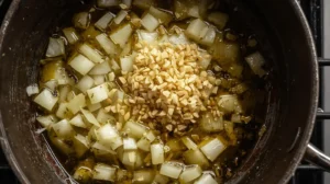 In a large pot, heat the olive oil over medium heat. Add the diced onion and minced garlic. Sauté for 3-4 minutes until translucent.