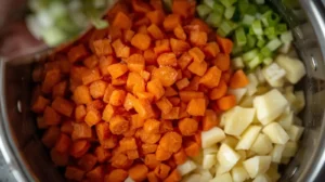 Add the sliced carrots, diced celery, and diced potatoes. Cook for 5-7 minutes, stirring occasionally.