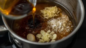 While baking, combine sesame oil, soy sauce, rice wine vinegar, minced ginger, and garlic in a small saucepan over medium heat.