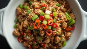 Plate on a serving dish and sprinkle with sesame seeds, garnishing with chopped spring onions and sliced chilies.