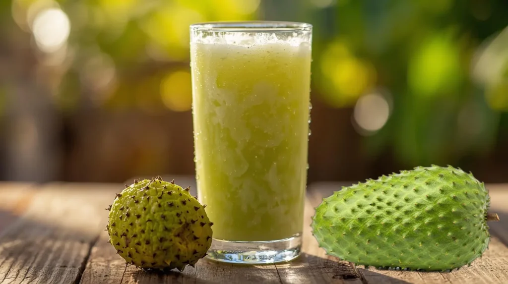 soursop juice chilled over ice in tall glasses. You can garnish it with a slice of lime or a mint leaf for a decorative touch.