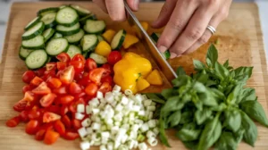 Wash and chop cucumbers, cherry tomatoes, sweet peppers, scallions, and basil.