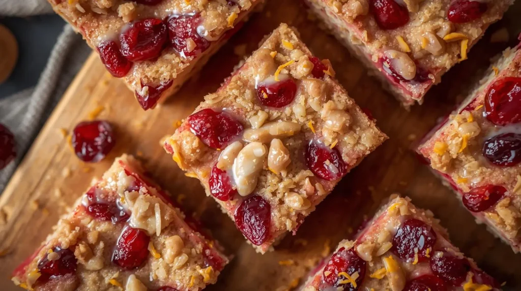 Cranberry Orange Cookie Bars with nuts and a glaze on top
