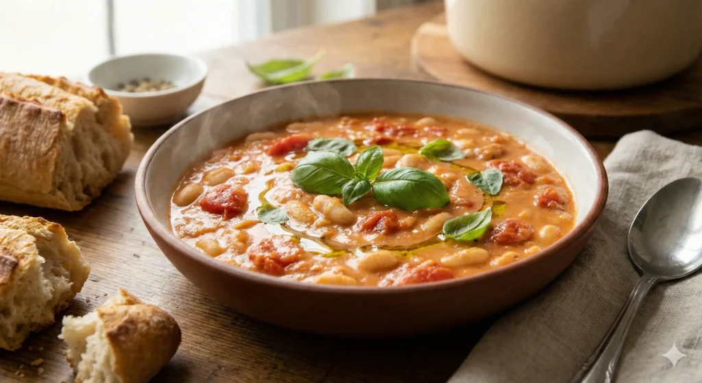 rustic bowl filled with creamy vegan tomato and white bean stew, steaming hot and garnished with fresh basil and olive oil, served next to crusty bread on a wooden table