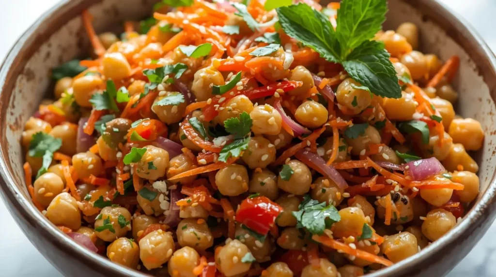 Thai-inspired chickpea salad with fresh vegetables and herbs