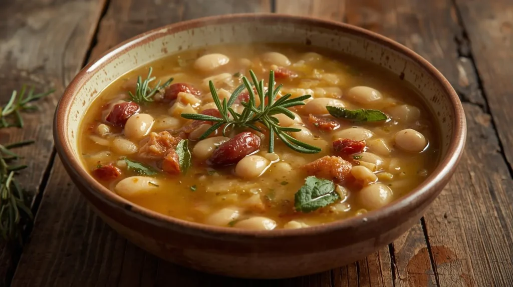 Bowl of delicious Tuscan White Bean Soup garnished with herbs and olive oil