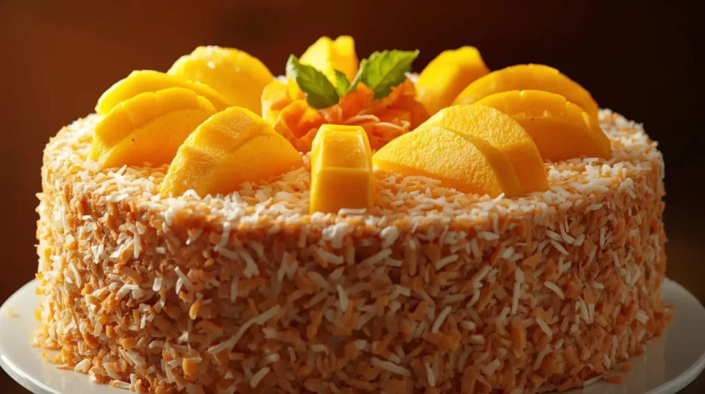 Delicious Vegan Mango Coconut Cake topped with mango slices and shredded coconut