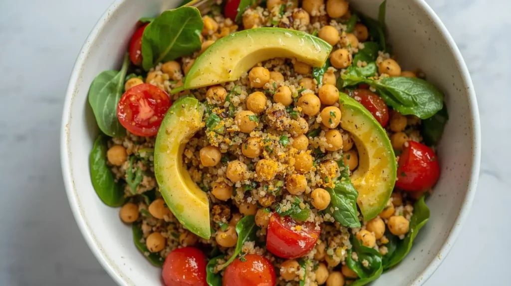 A colorful plate of high-protein vegan recipes featuring legumes and greens.