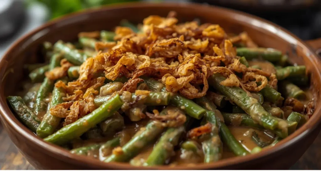 Delicious easy classic green bean casserole with crispy topping and creamy sauce.