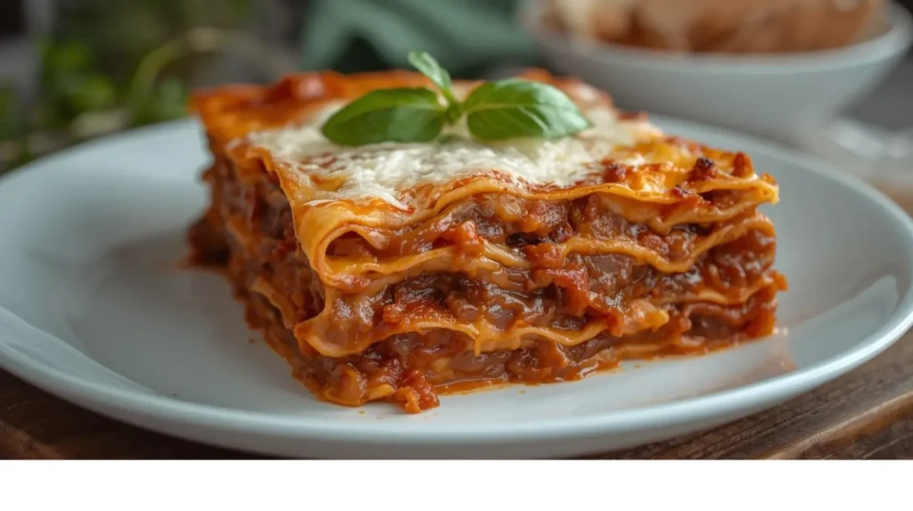 High-protein vegan lasagna with layers of vegetables and plant-based cheese