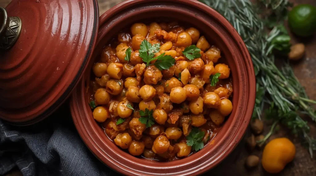 Moroccan chickpea and apricot tagine served in a traditional bowl