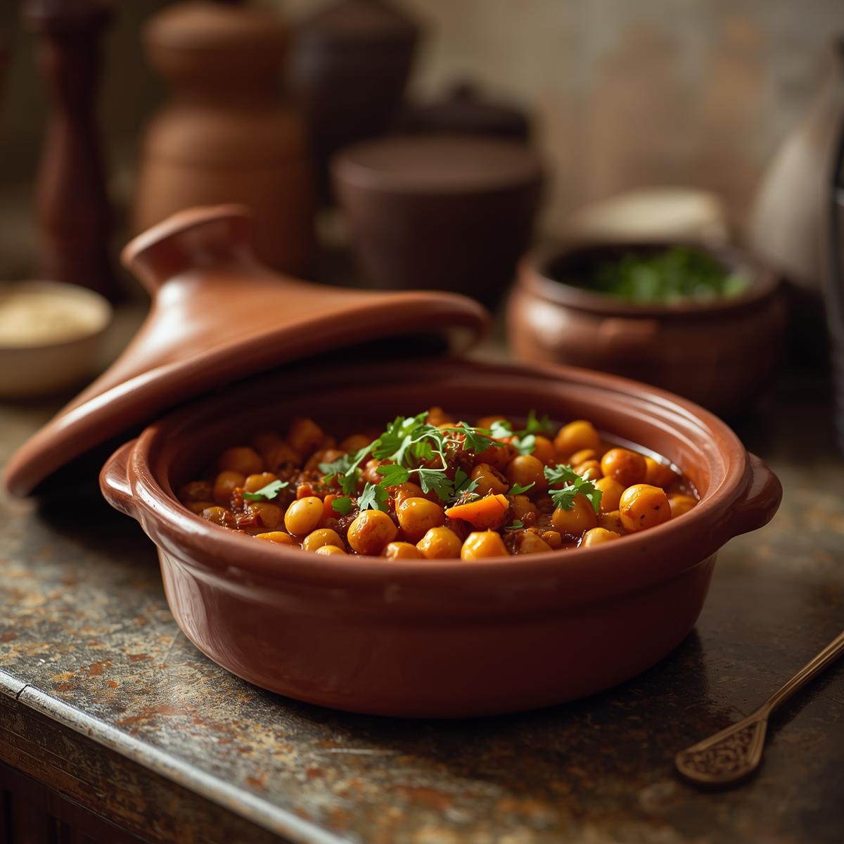 Moroccan chickpea tagine with apricots served in a traditional dish