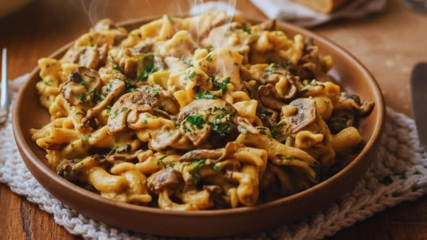 Delicious vegan mushroom stroganoff served in a bowl with fresh herbs.