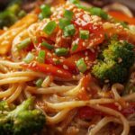 Bowl of teriyaki noodles with colorful vegetables and sauce