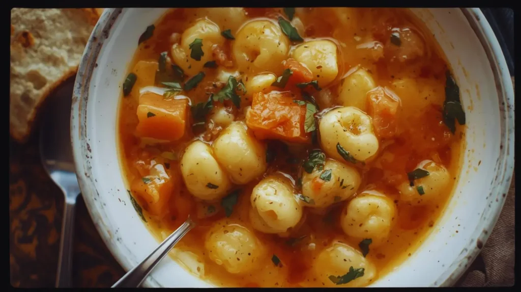 Delicious bowl of gnocchi soup topped with herbs and vegetables