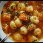 Delicious bowl of gnocchi soup topped with herbs and vegetables