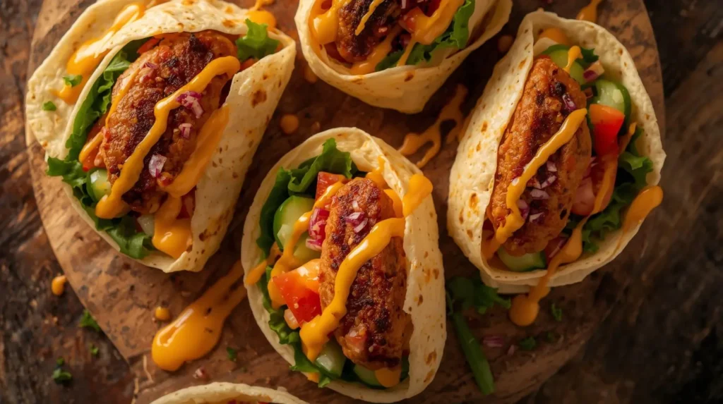 Delicious vegan cheeseburger wraps filled with plant-based ingredients