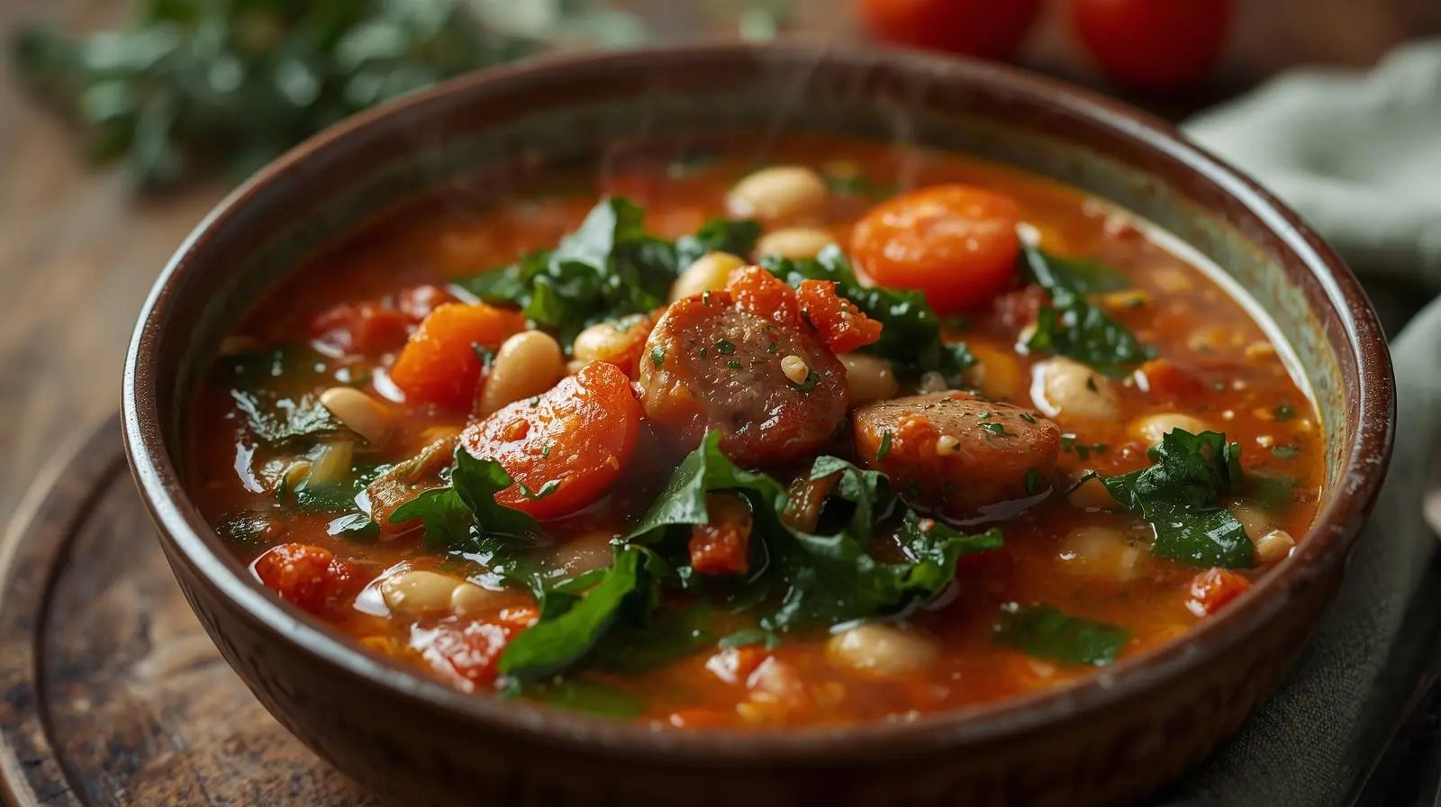 Bowl of Vegan Tuscan Soup with fresh vegetables and herbs