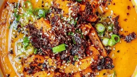 Creamy spicy miso carrot soup in a bowl, garnished with herbs